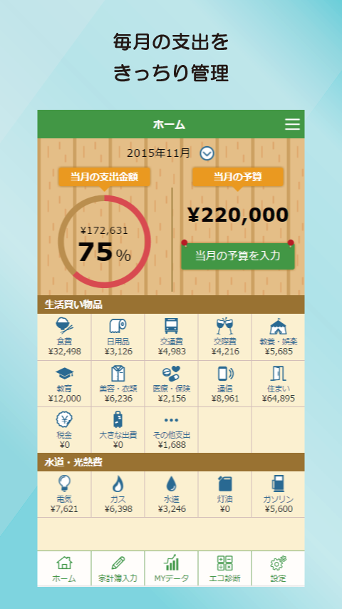 家計簿eco+　電気代そのまま払いシミュレーター付き家計簿 Screen 1