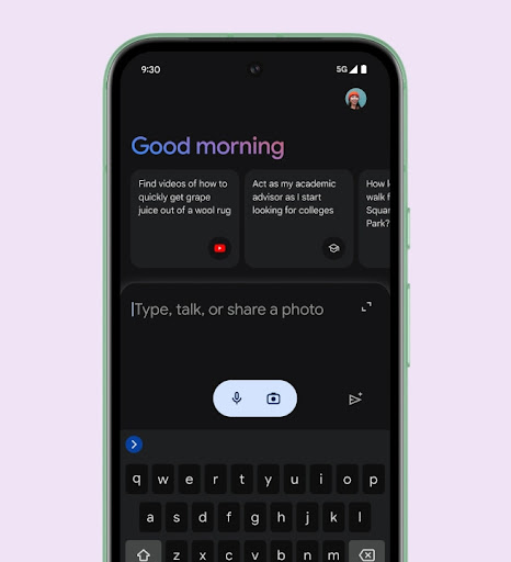 Gemini on a Pixel 8a greets the user with a "Good morning." The user can type, talk, or upload an image to interact with Gemini.