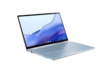 A left side view of an open ASUS Chromebook Flip C433 displaying the home screen.