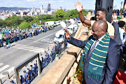 President Cyril Ramaphosa and Springbok captain Siya Kolisi at the Union Buildings during the Boks' victory parade. 