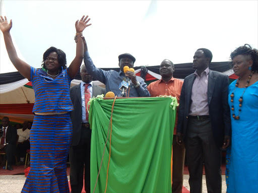 SHE’S THE ONE: Homa Bay ODM chair Gladys Wanga, party leader Raila Odinga, Kasipul MP Oyugi Magwanga and organising secretary Peter Kaluma in Kabunde yesterday.