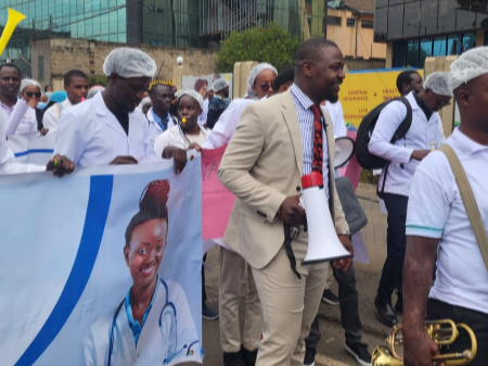 The National Secretary General and CEO at Kenya Medical Practitioners, Pharmacists and Dentists' Union (KMPDU) Davji Atellah leads doctors during protest on February 29, 2024.