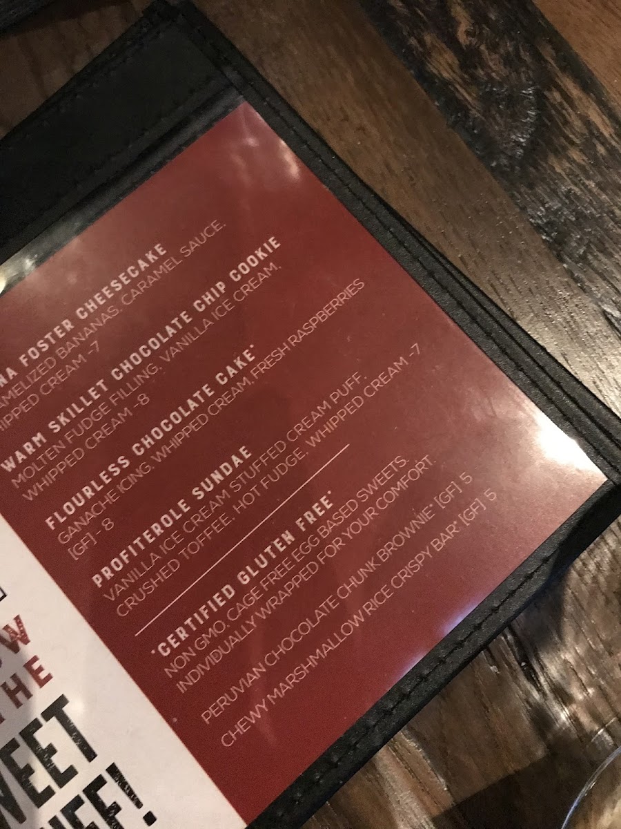 Dessert menu with Certified GF desserts