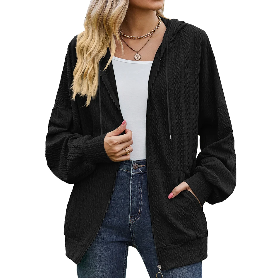 Abrigo de suéter holgado con cremallera y cuello en V para mujer, color liso, perfecto para un look casual y cómodo en cualquier ocasión.