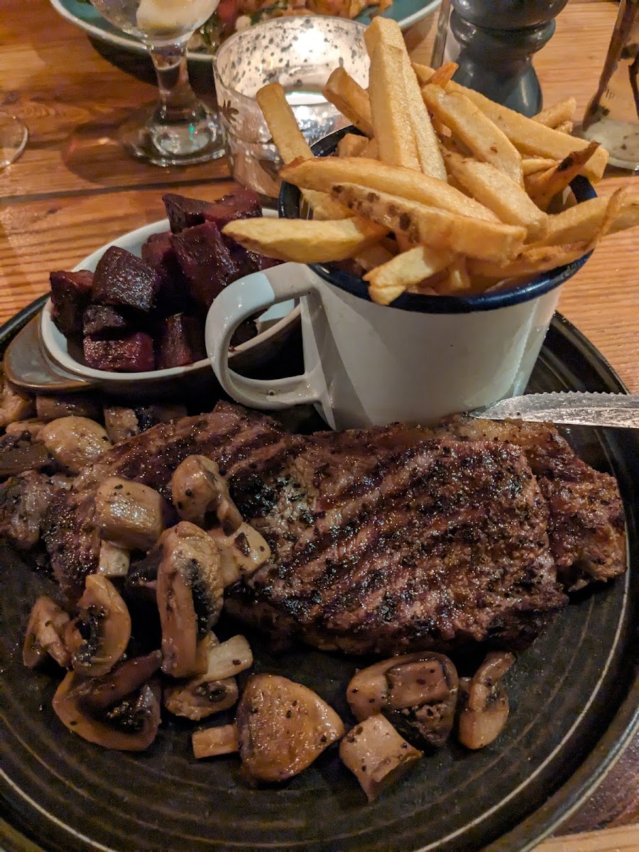 Steak with chips mushrooms etc