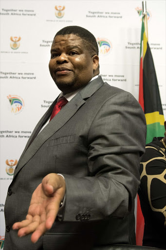 Minister David Mahlobo briefs media at the Justice, Crime Prevention & Security cluster briefing in parliament, Cape Town. Pic: Trevor Samson.