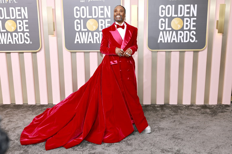 Billy Porter channels his 2019 iconic look at the Golden Globe Awards grey carpet.