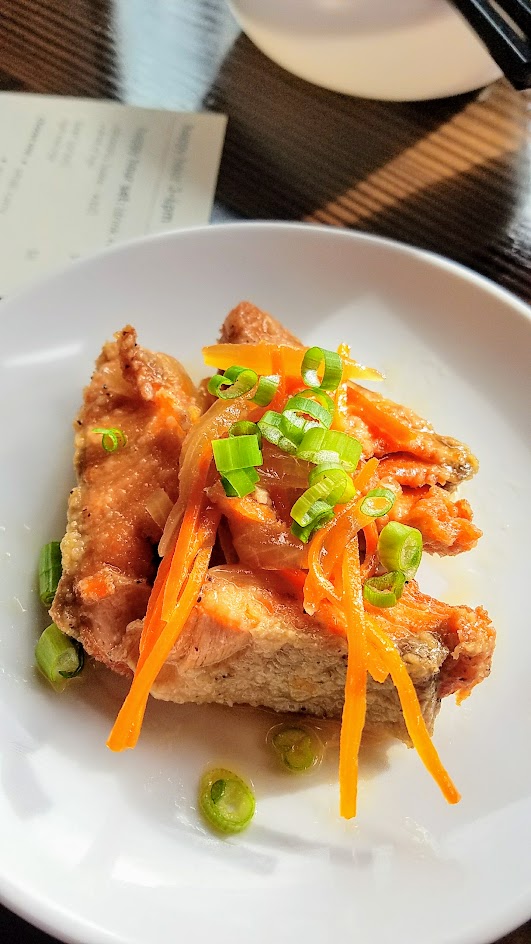 Marukin Ramen side (also available at happy hour) of salmon nanbanzuke, a dish of marinated salmon and pickled vegetables