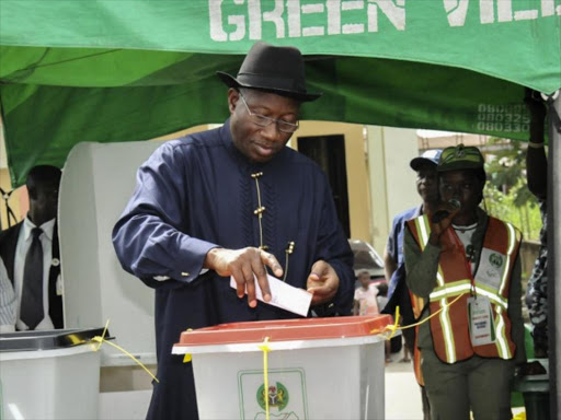 Former Nigerian President Goodluck Jonathan casts his ballot in Otuoke on March 28, 2015. /COURTESY