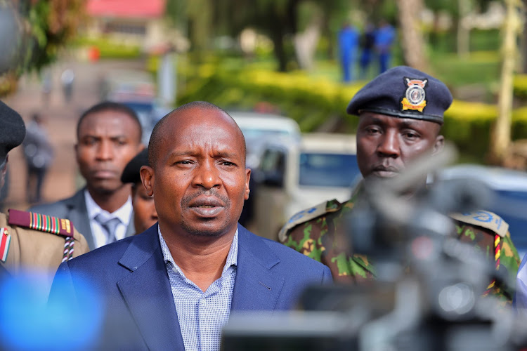 Interior and National Administration CS Kithure Kindiki during a briefing with Kisii and Nyamira Counties, Sub-Counties and Divisional security heads on March 1, 2024.