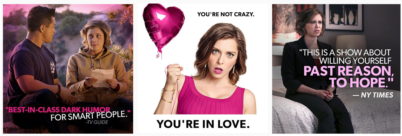 Crazy Ex Girlfriend playing Fridays on CW and also available to stream on the CW App, Netflix, and Hulu