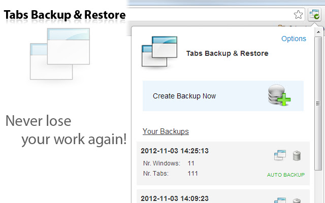 Tabs Backup & Restore, Tom chrome extension