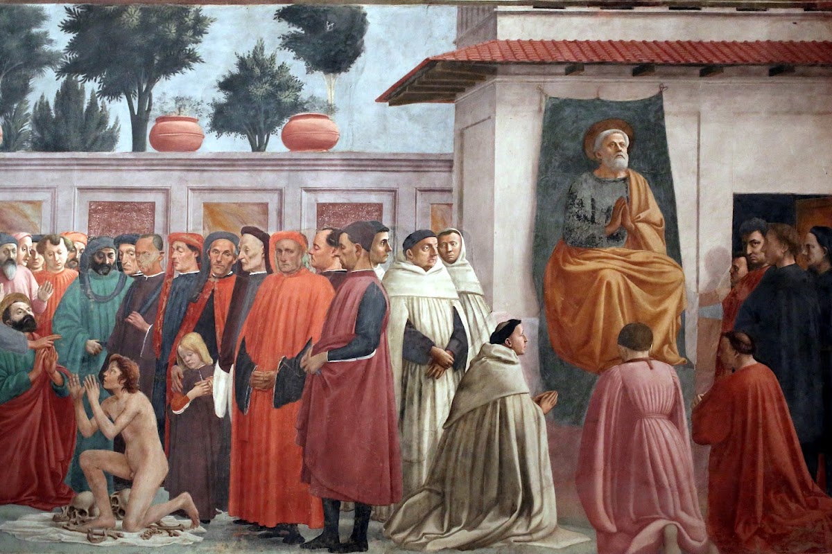 Masaccio e Filippino Lippi,Resurrezione del figlio di Teofilo e san Pietro in cattedra, 1427 (intervento di Masaccio) e 1485 (completamento di Filippino Lippi). Affresco, Cappella Brancacci, Santa Maria del Carmine, Firenze