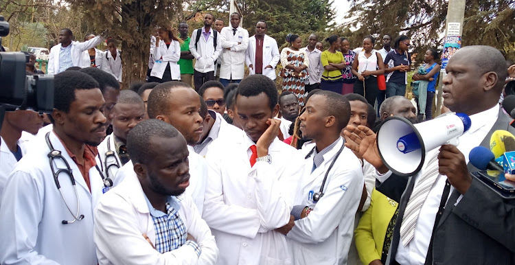 Moi University VC Isaac Kosgey addresses students at the medical school in Eldoret on March 9