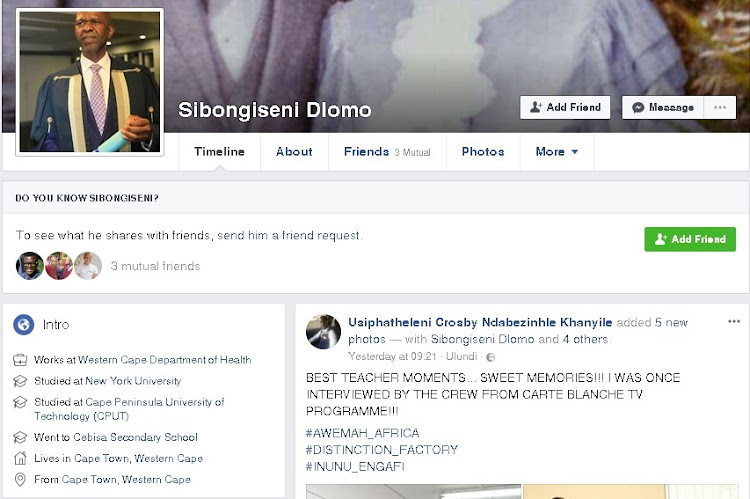 The fake Facebook profile of Health MEC Dhlomo.