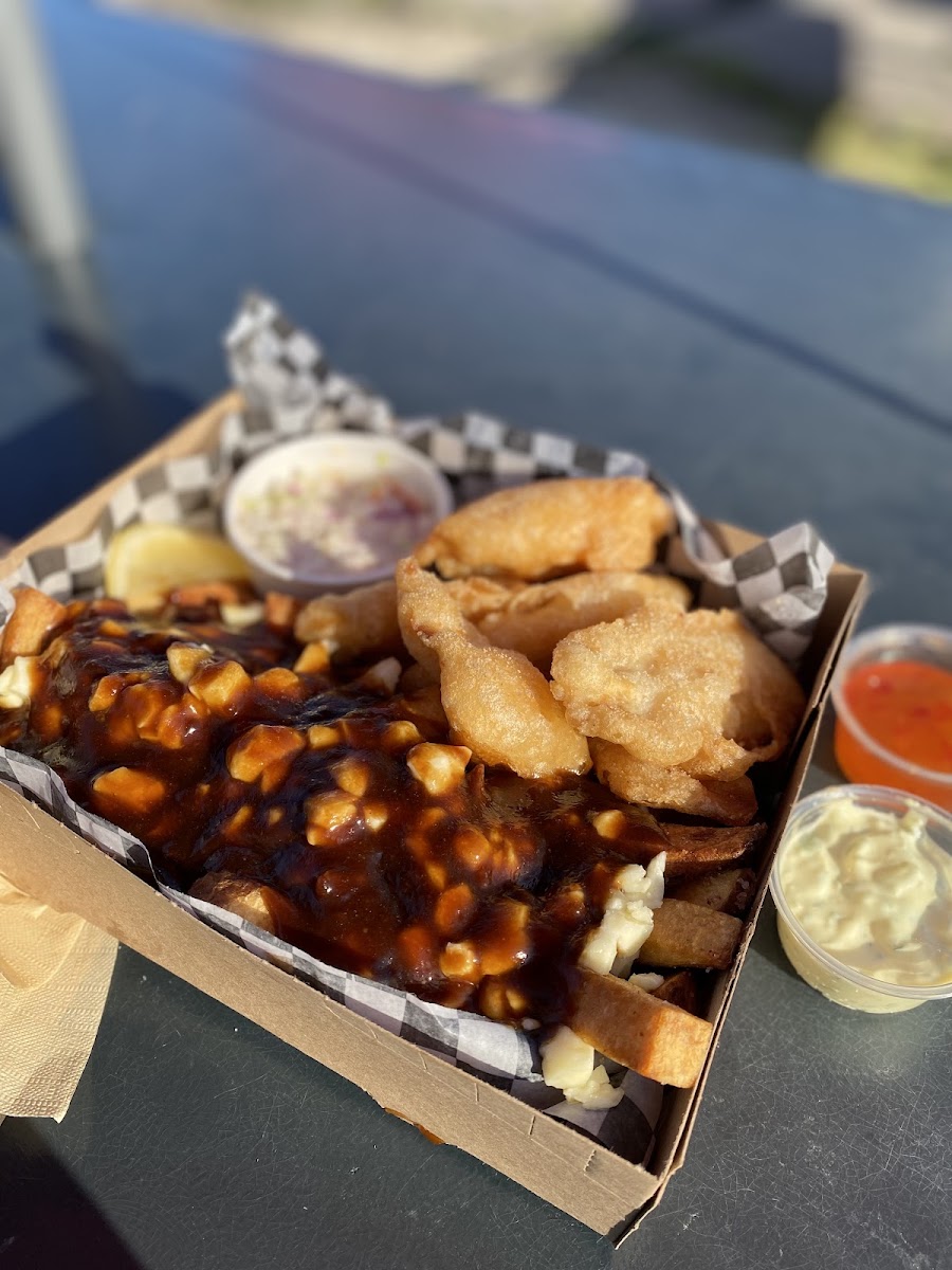 Fritter dinner with poutine