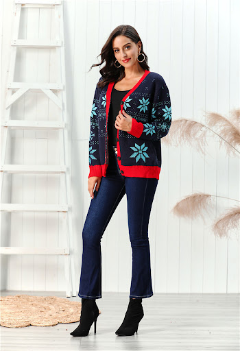 Title 3, Cardigan Christmas Snowflake Sweater Printed V-...