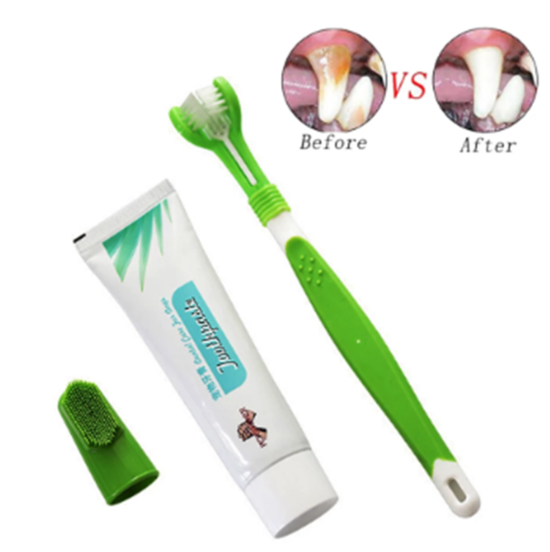 Cepillo de dientes de tres cabezales y dedales de silicona para una limpieza bucal superior y completa para bebés y niños pequeños.