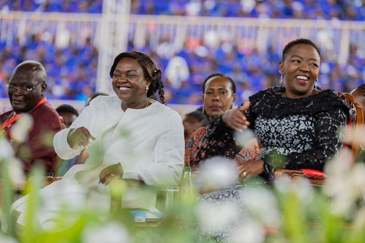 First Lady Mama Rachel Ruto with Pastor Dorcas Rigathi during the mega crusade at Nyayo Stadium on February 24, 2024.