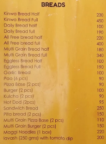 Free Of Gluten menu 