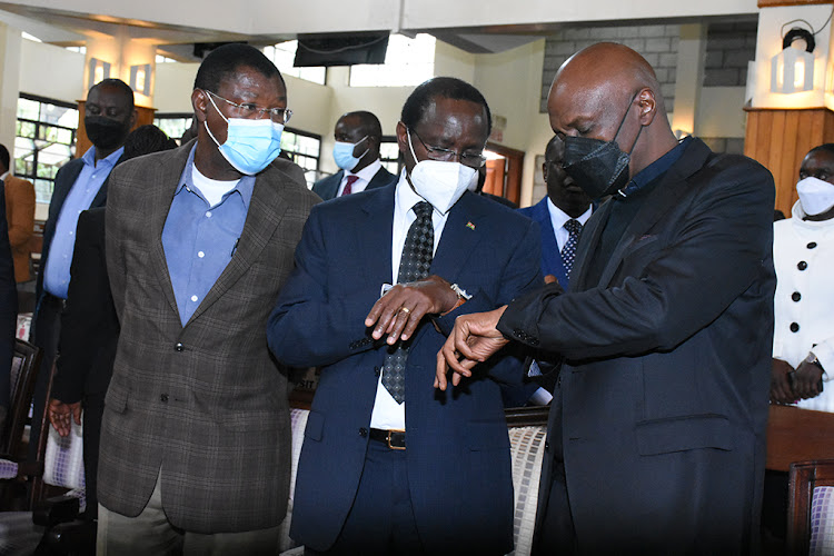 OKA principals Moses Wetang'ula, Kalonzo Musyoka and Gideon Moi during the farewell service for Mama Rosebella Jerono Mudavadi at the Friends Church-Quakers on December 16, 2020.