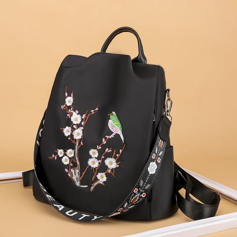 Ethnic Style Embroidered Middle School Student Schoolbag, Durable Oxford Cloth, Stylish Design, Large Capacity, Perfect 