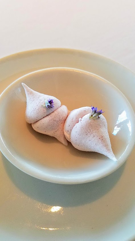 Marshmallow with Mint Flowers and Rosehip Petals sweet at Geranium, a three Michelin star restaurant in Copenhagen