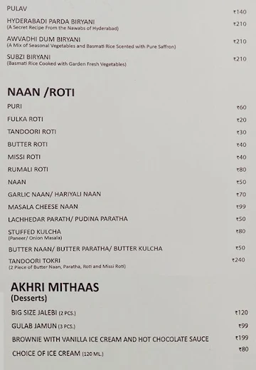 Aaru's Restaurant menu 