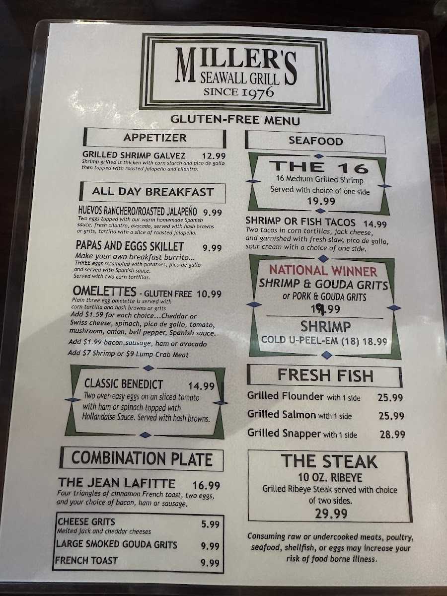 Miller's Seawall Grill gluten-free menu