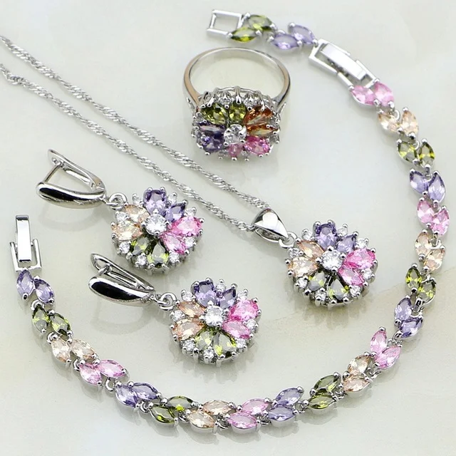 Dames edelsteen hanger oorbellen en vierdelige ringenset Pack, prachtige sieraden voor vrouwen, perfecte cadeau.