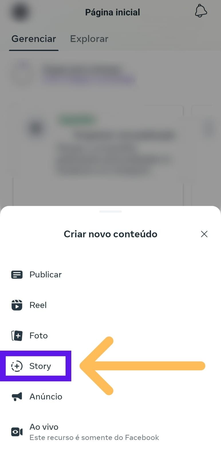 tela mostrando seta apontando para clicar em story