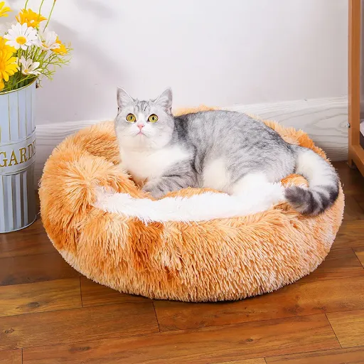 Snooze Cat Bed Round Plush Fluffy Hooded Cozy Cat Bed Cave for Indoor Donut Self Warming Small Dog Bed Anti-anxiety Pupp