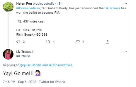 Several people took to Twitter to laud 47-year-old Liz Truss, who trumped Rishi Sunak with 81,326 votes to 60,399 among party members, but many ended up congratulating one Liz Trussell.