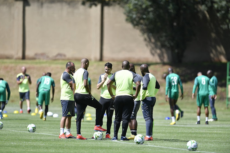 Mamelodi Sundowns coach Pitso Mosimane and analysts Coach Pitso Mosimane, Mario Mash, Musa Matlaba and Gooolam Valodia during the Mamelodi Sundowns training session and press conference at Chloorkop on March 05, 2020 in Pretoria.