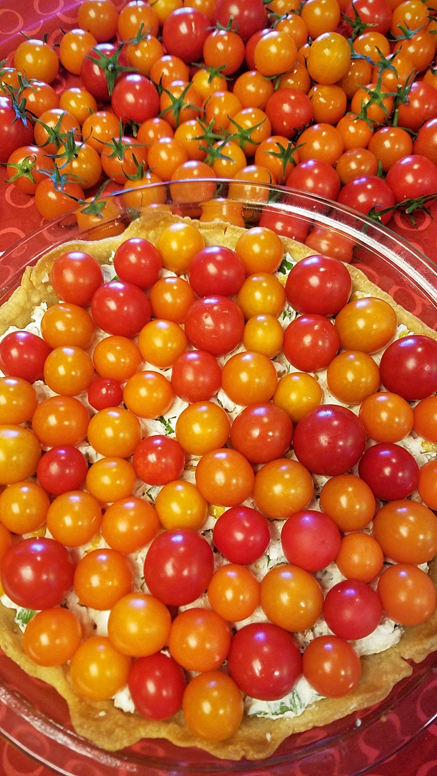 Tomato Pie Recipe with Fresh Cheeses and Uncooked Cherry Tomatoes