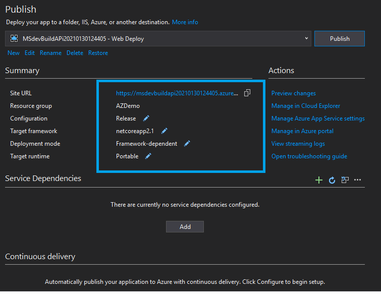 Azure App Service:  Publish Asp.net Core Web App