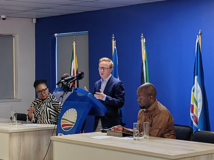 DA chief whip Siviwe Gwarube, KZN premier candidate Chris Pappas and Gauteng premier candidate Solly Msimanga gave a briefing on the water and governance challenges at the party's Nkululeko House.