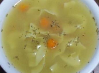 internet picture -- hard to find chicken broth with the same ingredients, but this is similar, of course after the addition of the noodles and carrot (probably with celery and onion, too).