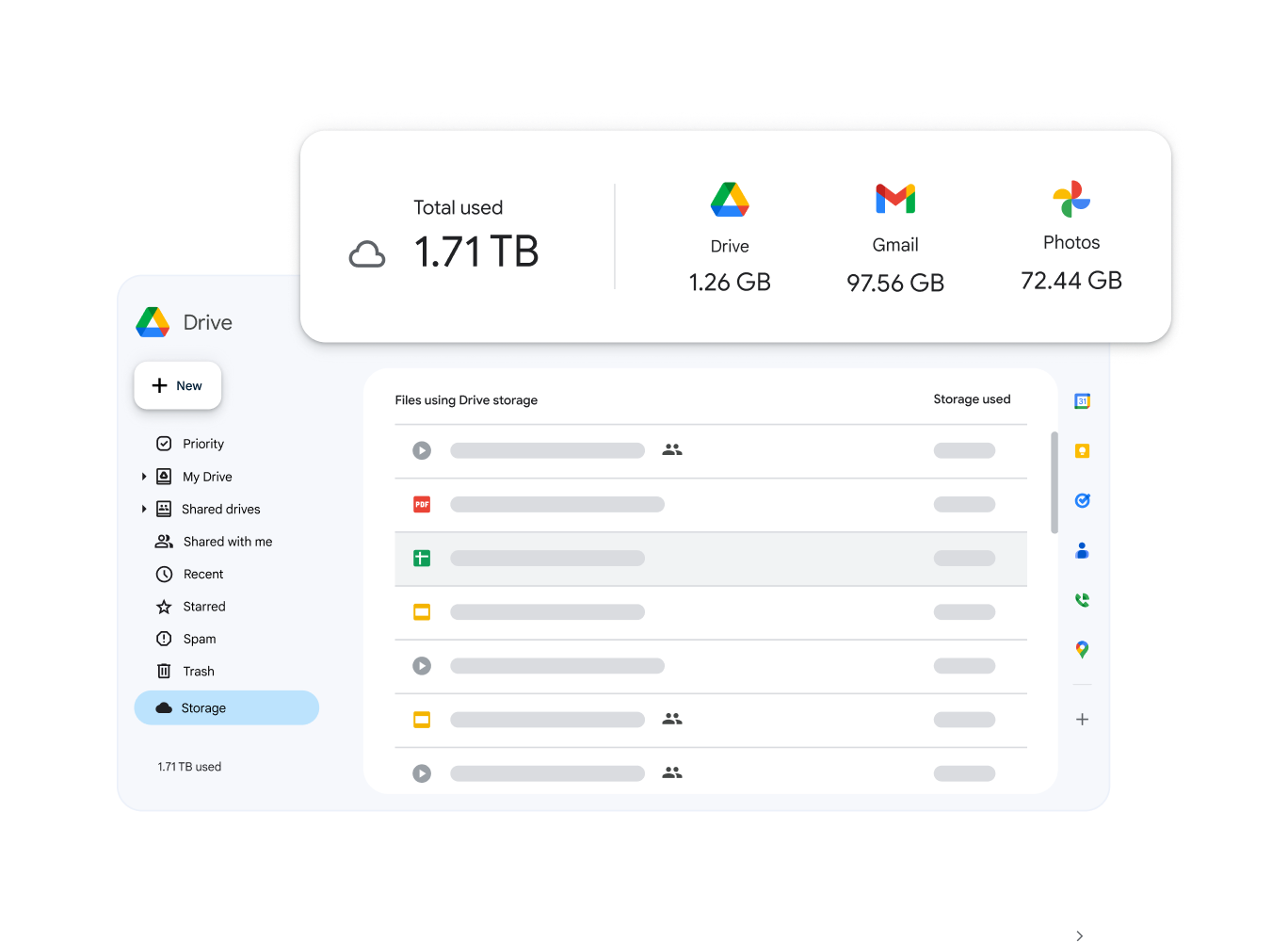 A stylised version of the Drive storage interface superimposed with storage data for Drive, Gmail and Photos.