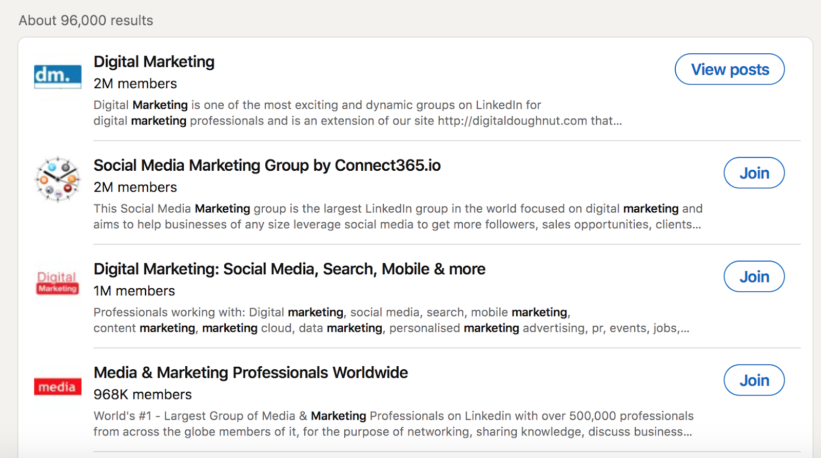 LinkedIn Groups results list.