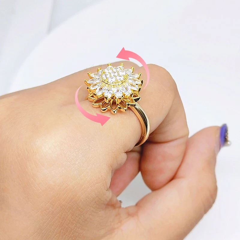 Rotating SUNFLOWER Full Diamond Ring Elegant Women's Jewelry Perfect Gift Stunning Floral Design Sparkling and Dazzling 