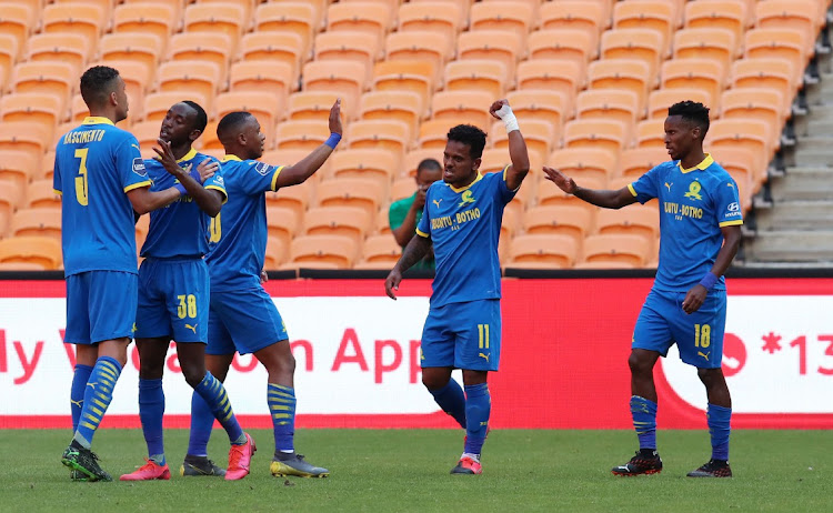 Kermit Romeo Erasmus of Mamelodi Sundowns celebrates goal with teammates during the DSTV Premiership 2020/21 match between Kaizer Chiefs and Mamelodi Sundowns at the FNB Stadium, Johannesburg on the 24 October 2020