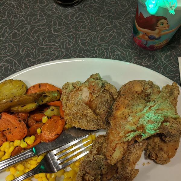 GF fried chicken, carrots, corn, roasted potatoes.