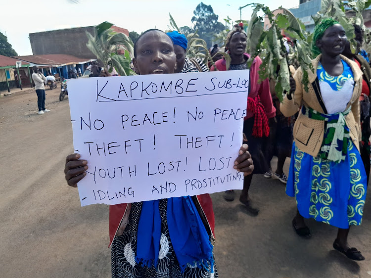 Baringo North women from Kapkombe village in Bartolimo protest in Kabartonjo on Monday.