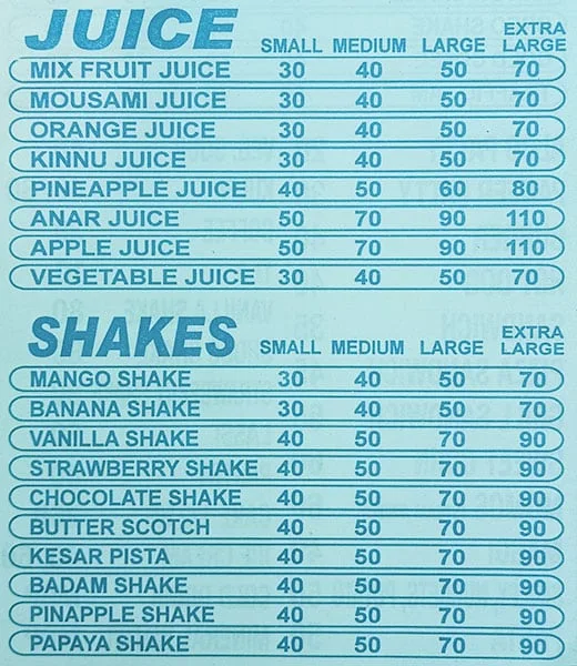 Tashan Shakes & Cafe menu 