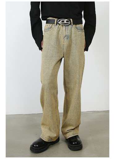 Title 20, Washed Distressed Yellow Mud-color Straight Jea...