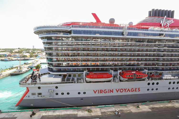 The aft of Scarlet Lady docked in Nassau, the Bahamas.