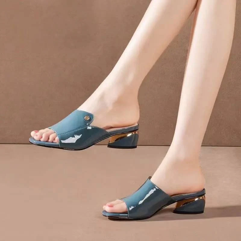 Lazy Low Heeled Leather Slippers Soft Leather Sandals and Slippers Female Fish Mouth Gold Midheel Shoes