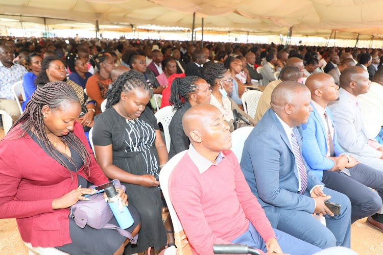 A section of Kitui county goverment workers during the Monday meeting with Governor Julius Malombe at the Ithookwe showground in the outskirts of Kitui town.