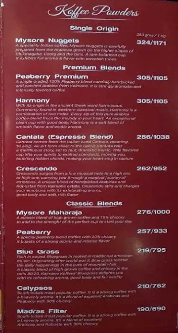 Kalmane Koffees menu 